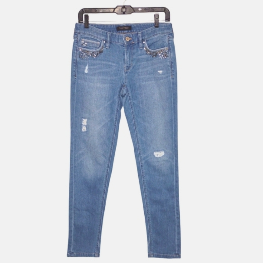 WHBM Low Rise Girlfriend Jeans Blue Jeweled Pockets Size 0R - Picture 2 of 12